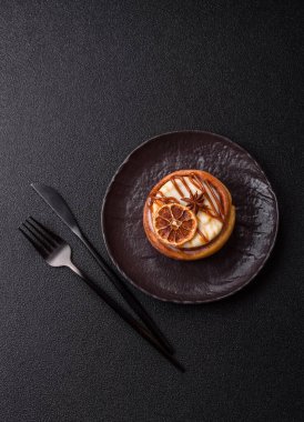 Cinnamon roll, a sweet bun with citrus, cherries, and chocolate, a Danish dessert with cream. Cinnamon roll as a food background for your design