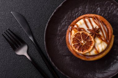 Cinnamon roll, a sweet bun with citrus, cherries, and chocolate, a Danish dessert with cream. Cinnamon roll as a food background for your design