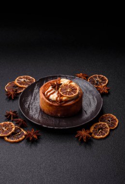 Cinnamon roll, a sweet bun with citrus, cherries, and chocolate, a Danish dessert with cream. Cinnamon roll as a food background for your design