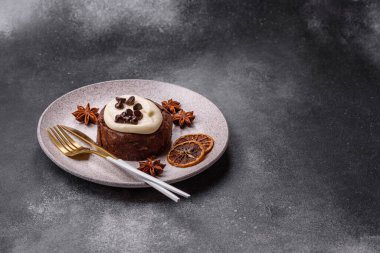 Cinnamon roll, a sweet bun with citrus, cherries, and chocolate, a Danish dessert with cream. Cinnamon roll as a food background for your design