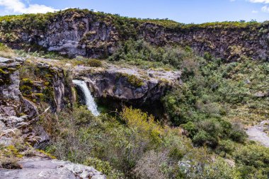 Cotopaxi 'de doğan ve volkanik kayalardaki bir kanaldan geçen kristal sudan oluşan şelale.