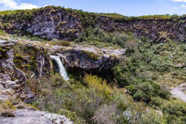 Cotopaxi 'de doğan ve volkanik kayalardaki bir kanaldan geçen kristal sudan oluşan şelale.