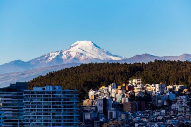 Arka planda Cayambe volkanı bulunan Quito şehrinin kuzey bölgesindeki binalar