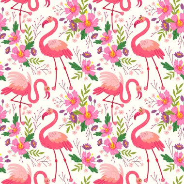 Kuşlarla, pembe flamingolarla, çiçeklerle ve yapraklarla egzotik tropikal desenler. Çiçek desenli vektör illüstrasyon posteri. Beyaz arkaplanda.
