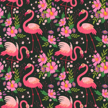 Kuşlarla, pembe flamingolarla, çiçeklerle ve yapraklarla egzotik tropikal desenler. Çiçek desenli vektör illüstrasyon posteri. Siyah arkaplanda.