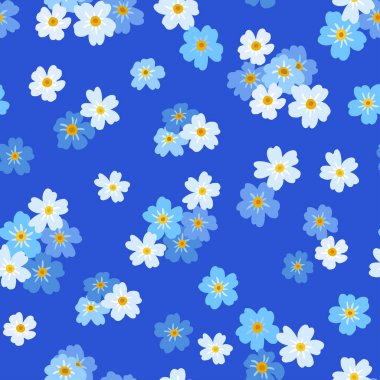 Oyuncak bebek kusursuz desen. Çiçekler yaz trendi. Vektör tasarımı. Güzel Mavi Çiçekler Unutma beni Nots