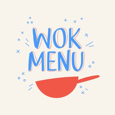 Wok Logo Tasarım Çizimi. Tavalı menü logosu şablonu. Asya vektör restoran tasarımı.
