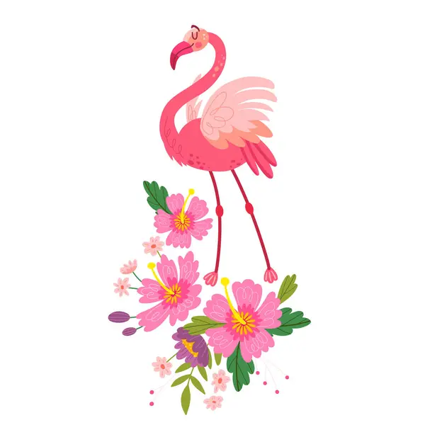 Aves Tropicais Exóticas Flamingos Rosa Flores Folhas Cartaz Ilustração Vetor — Vetor de Stock