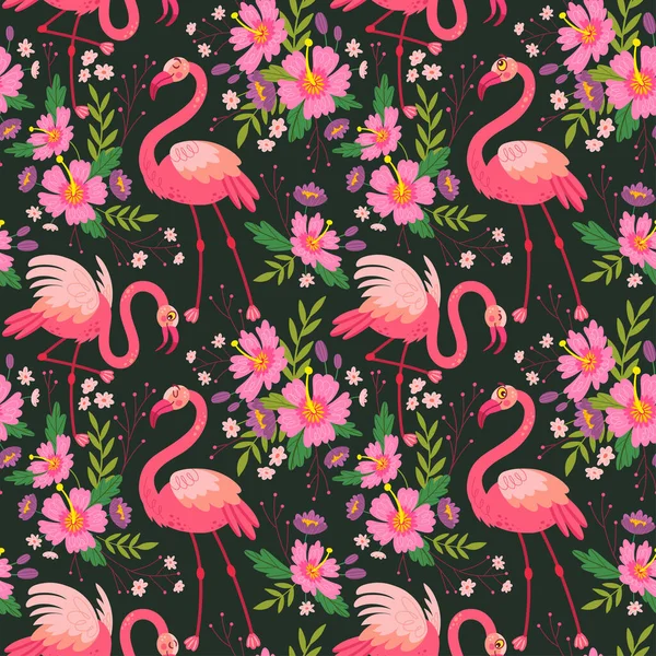 Exotic Tropical Pattern Birds Pink Flamingos Flowers Leaves Stylish Floral — Stock Vector