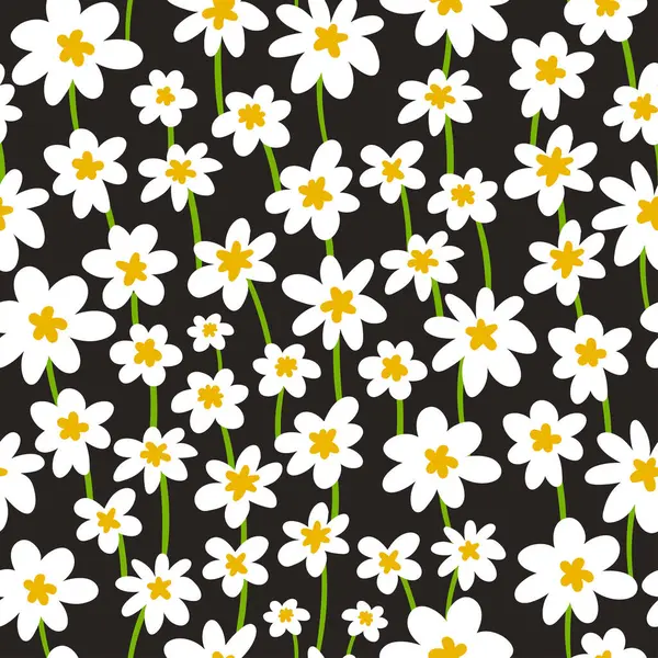 婴儿玩具娃娃的无缝图案 花的夏天趋势 矢量设计 黑色背景的白色雏菊 — 图库矢量图片
