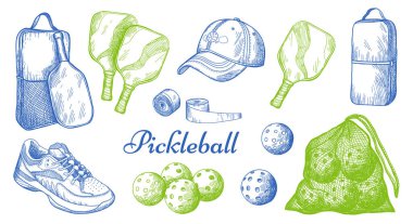 Pickleball ekipmanlı vektör spor illüstrasyonu. Toplar, raketler, çanta, spor ayakkabı, şapka.