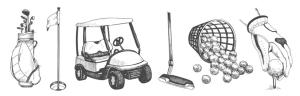 Bag Golf Clubs Golf Cart Bucket Balls Sketch Style Hand — Stock Vector