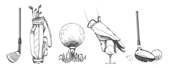 袋装高尔夫球杆 手拿着高尔夫球 袋装高尔夫球杆 素描风格 黑白手绘插图 — 图库矢量图片#