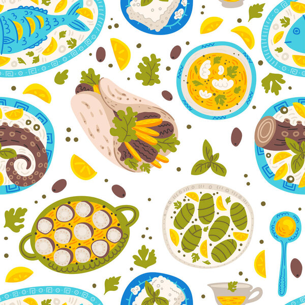 Greek food cartoon vector seamless pattern. Traditional mediterranean cuisine dishes hand drawn texture. Greece national cooking decorative background. Wallpaper, textile, wrapping paper flat design