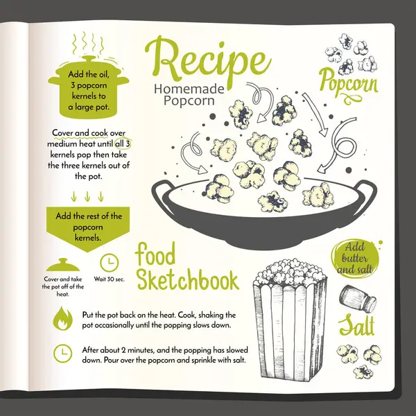 Sketchbook Cibo Con Snack Fast Food Ricette Popcorn Cibo Stile — Vettoriale Stock