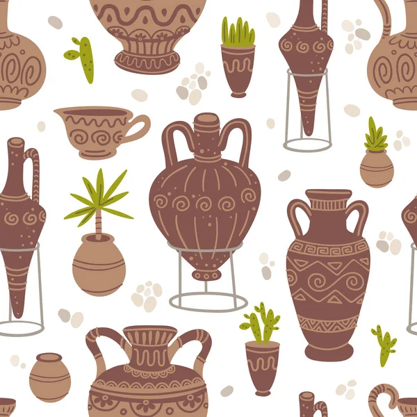 Keramik Und Pflanzen Vektoren Nahtlose Muster Tonwaren Und Zimmerpflanzen Handgezeichnete — Stockvektor