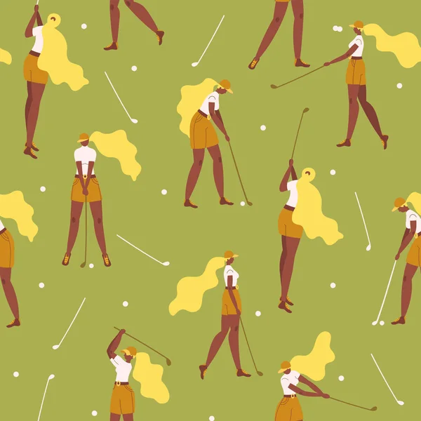 非洲裔美国女孩用高尔夫球杆击球的无缝图案 矢量扁平手绘插图 女高尔夫球手打高尔夫球的背景 女运动员 卡通人物 — 图库矢量图片#
