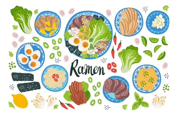 Ramen Bowl Table Top View Illustration Japanese Soup Flat Style — Stock Vector