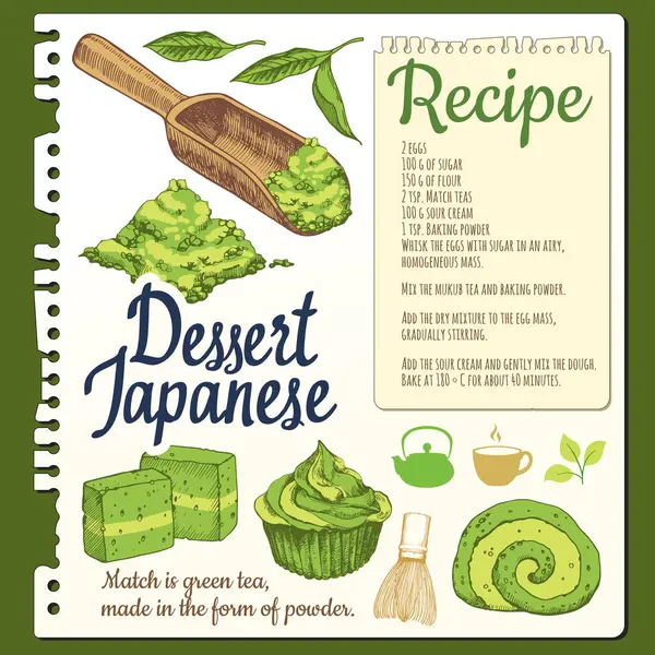 Essensskizzenbuch Mit Traditioneller Japanischer Wüste Mit Matcha Tee Rezepte Essen — Stockvektor