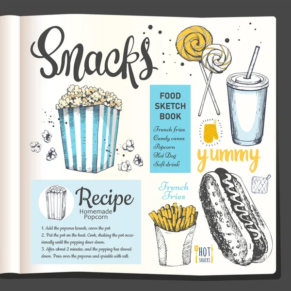 附有快餐小吃的食品素描本 爆米花配方 素描风格的食物 病媒说明 棒棒糖 Cookbook — 图库矢量图片#