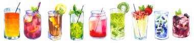 İçecek, kokteyl, meyve suyu ve meyve püresi. Suluboya tarzı. El çizimi