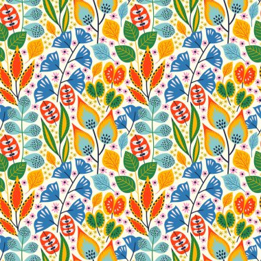 Beyazın üzerinde çiçek deseni var. Vektör İllüstrasyonu. Çiçekler ve yapraklarla soyut bir arkaplan. Doğal parlak tasarım.