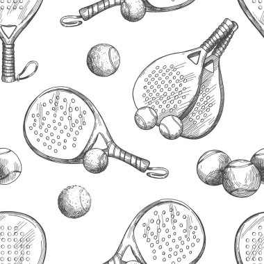 Vector seamless pattern with pickleball equipment. Pattern with balls and rackets in sketch style. clipart