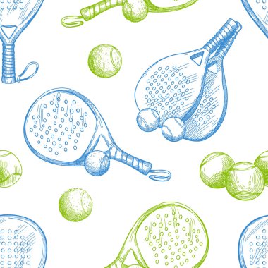 Vector seamless pattern with pickleball equipment. Pattern with balls and rackets in sketch style. clipart