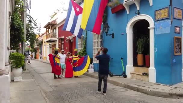 Kolumbia Cartagena Indias 2022 Spacer Ulicami Starego Hiszpańskiego Kolonialnego Unesco — Wideo stockowe