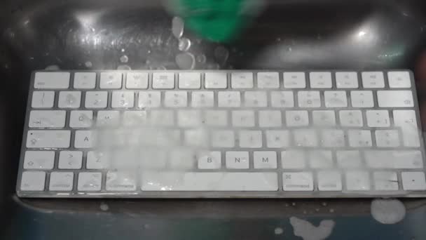 Reiniging Wassen Van Vuile Computer Toetsenbord Onder Leidingwater Gekke Huis — Stockvideo