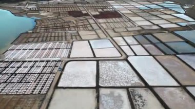 Spain - Drone aerial view of Janubio salt flats mines (Playa del Janubio) in Lanzarote are the largest in the Canary Islands - salt production, pools of seawater dry in the sun, tourist attraction