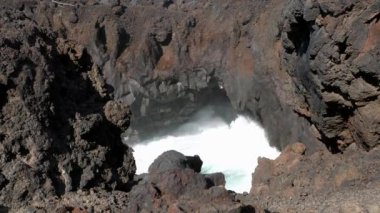 Spain, Lanzarote, Canary island - drone view of the beautiful landscape of the island of the atlantic ocean - waves crash on rocks