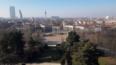 EUROPE, ITALY MILAN 2023 - Drone aerial view Arco della Pace Arch of Peace in Sempione downtown park