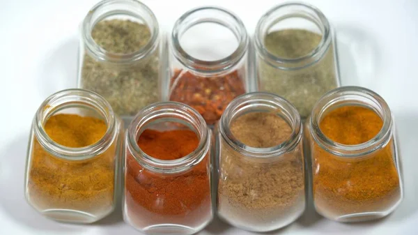 Przyprawy Gotowania Kminek Papryka Curry Kurkuma Papryka Chili Pieprz Sól — Zdjęcie stockowe