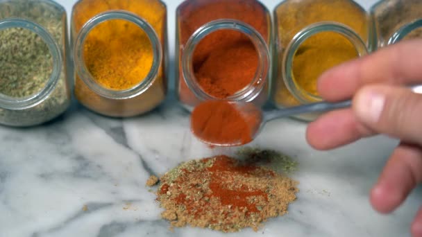 Gewürze Zum Kochen Kreuzkümmel Paprika Curry Kurkuma Chilipfeffer Pfeffer Salz — Stockvideo