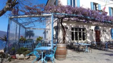 İtalya 2023 - Isola Madre, Isola Bella e Isola dei Pescatori, Stresa Arona Gölü Maggiore 'daki üç Borromeo Adası - turistik eğlence merkezi, çiçek açan salkımlı restoran verandası 