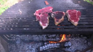 Bahçede ızgara et pişir pirzola ve sığır bifteği ile. Tipik Toskana usulü ve İtalyan mutfağı geleneği. Barbekü yap ve dışarıda pişir.