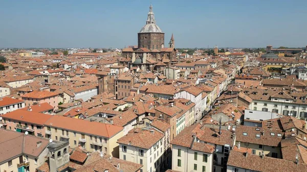 Europe, Italy , Pavia - Drone aerial view of Pavia City in Lombardy with Duomo cathedral church Santo Stefano e Santa Maria Assunta in downtown