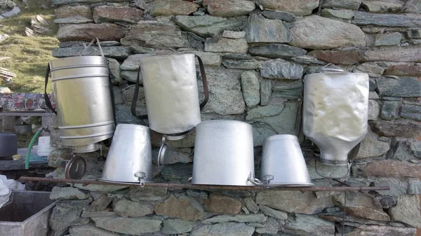 ancient traditional aluminum containers for freshly milked milk - Milking the cow to collect milk for cheese production - mountain pasture with stone houses