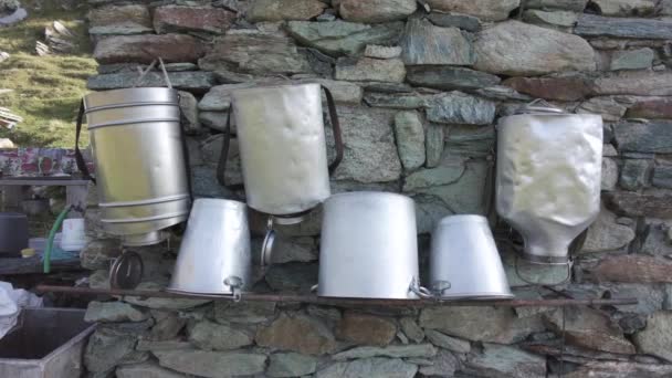 Starożytne Tradycyjne Pojemniki Aluminiowe Świeżo Dojonego Mleka Dojenie Krowy Celu — Wideo stockowe