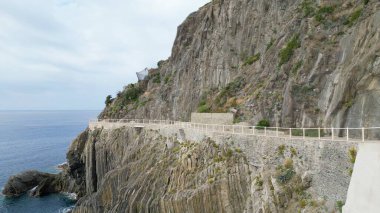 Avrupa, İtalya, Liguria, Framura - Çam ormanı ve Framura Bonassola ile Levanto yaya yolu arasındaki uçurum ile Tigullio ulusal parkındaki inanılmaz deniz manzarasının insansız hava aracı görüntüsü - Cinque Terre