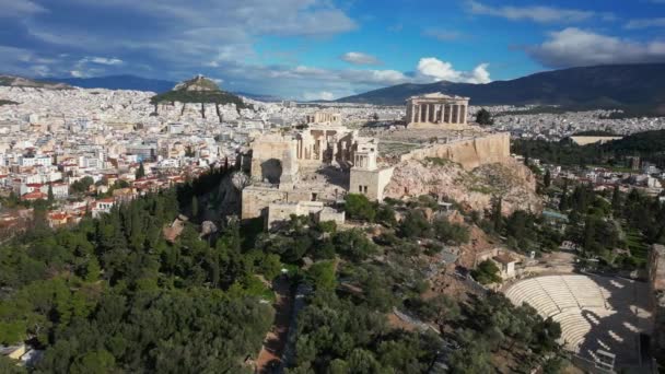 Akropolis Griechenland Parthenon Athen Luftaufnahme Berühmte Griechische Touristenattraktion Sehenswürdigkeiten Des — Stockvideo