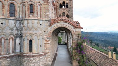 Mystras or Mistras, also known in the Chronicle of the Morea as Myzethras or Myzithras, is a fortified town and a former municipality in Laconia, Peloponnese, Greece. Ruines drone aerial view clipart