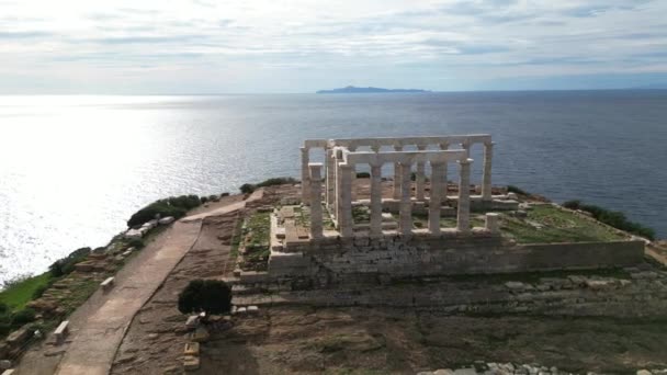 Temple Poseidon Mest Kända Monumenten Grekland Uppflugen Stenig Udde Med — Stockvideo