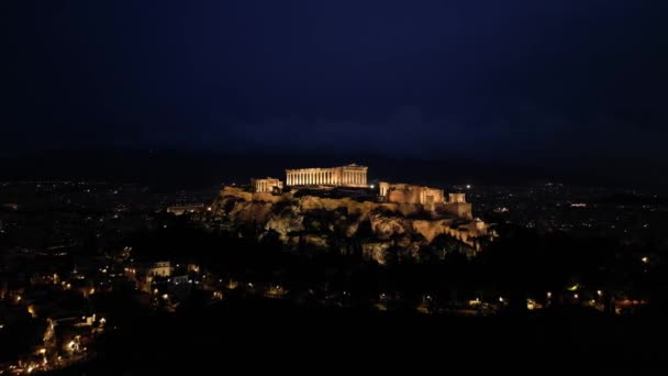 Κηφήνας Άποψη Της Ακρόπολης Στην Ελλάδα Νύχτα Παρθενώνας Στην Αθήνα — Αρχείο Βίντεο