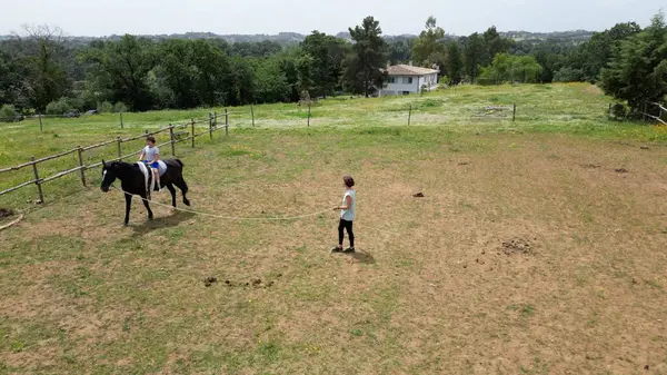 Stock image woman teaching   boy  a horse riding