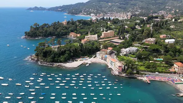 stock image Italy , Liguria , Rapallo , drone aerial view of San Michele di Pagana Beach close to Santa Margherita and Portofino near Genoa 