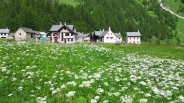 Yazın insansız hava aracından görülen dağ köyü - dağlık alanlarda turizm artışı antik köyleri ziyaret etmek ve Alpe Devero, Ossola Alps İtalya 'da yürüyüş yapmak için