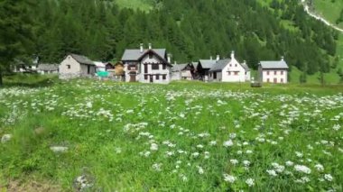 Yazın insansız hava aracından görülen dağ köyü - dağlık alanlarda turizm artışı antik köyleri ziyaret etmek ve Alpe Devero, Ossola Alps İtalya 'da yürüyüş yapmak için