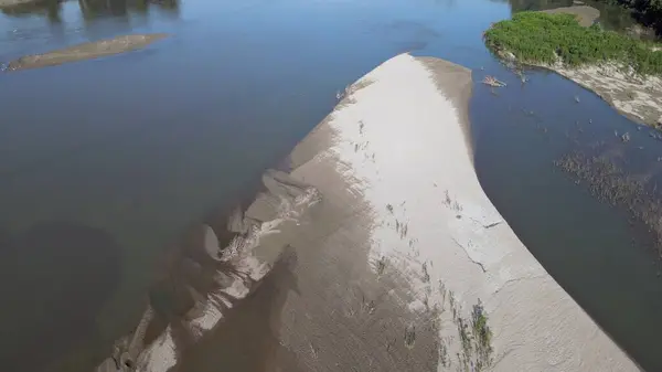 stock image Europe, Italy, Pavia Drought and aridity river - Po and Ticino , dry beach of sand and water shortage, water emergency in Lombardy - Drone view in Ponte della Becca - Climate change global warming